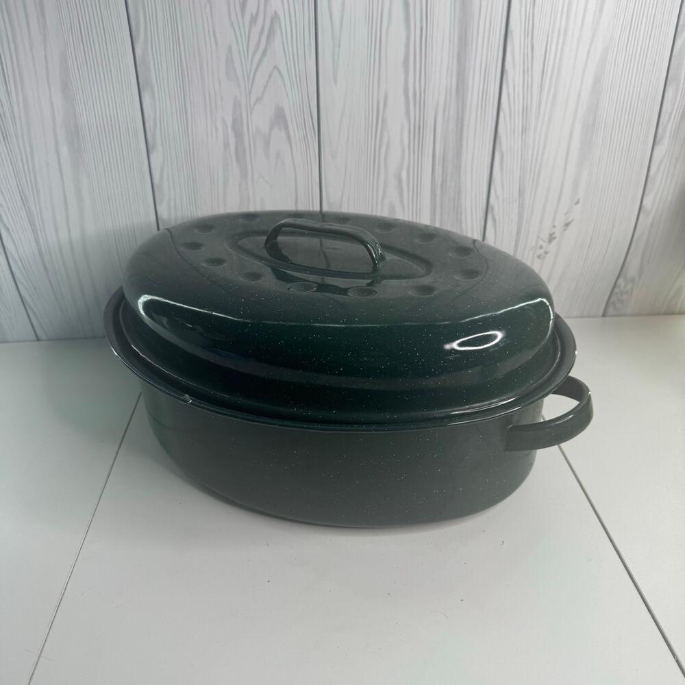 Vintage Enameled Dutch Oven/Roaster with Lid Speckled Green 16x13x9